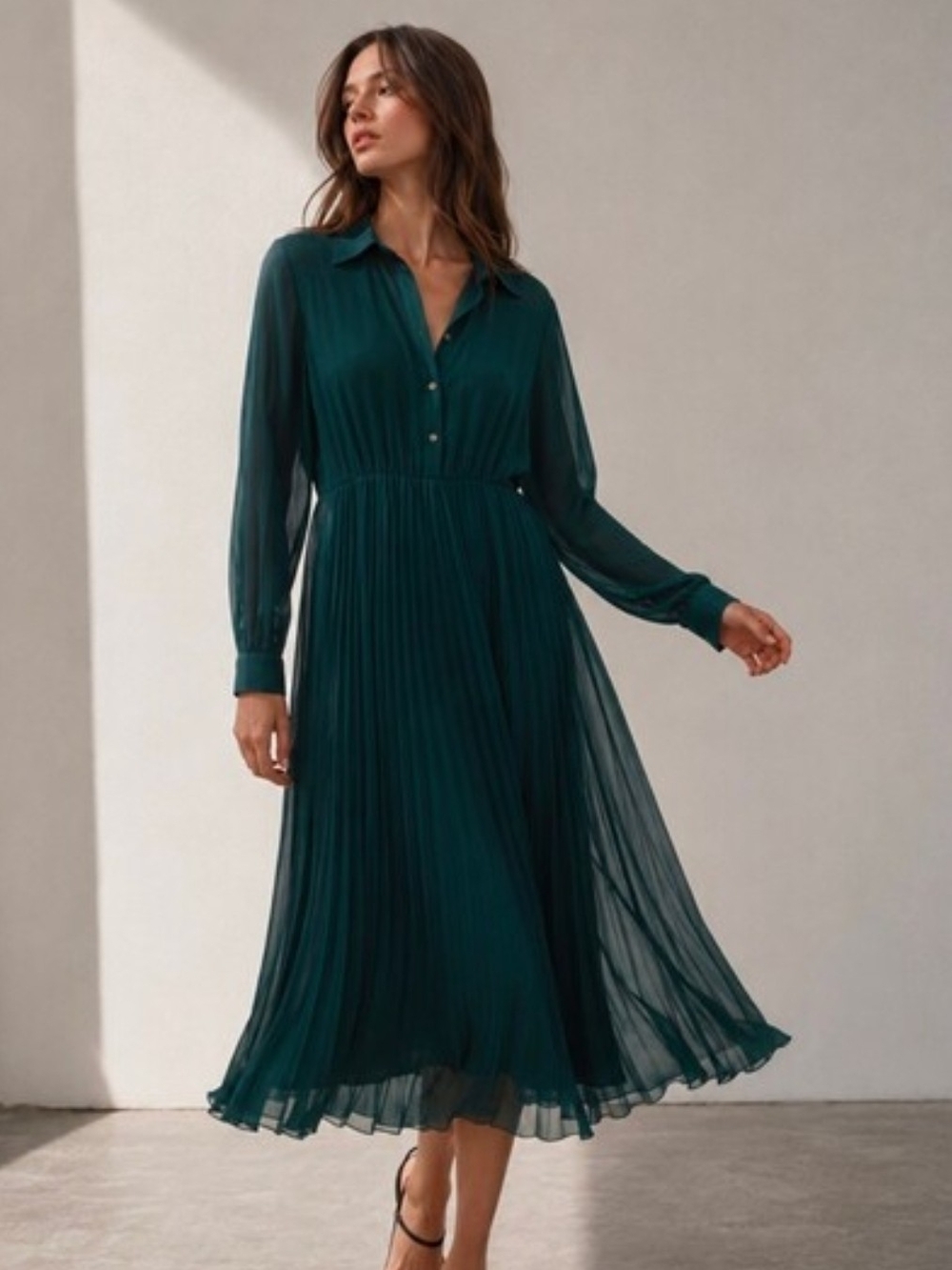 Zara Deep Teal Pleated Long-Sleeve Midi Dress